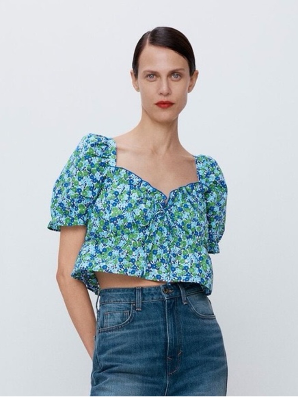 Zara Blue & Green Floral Puff-Sleeve Crop Top